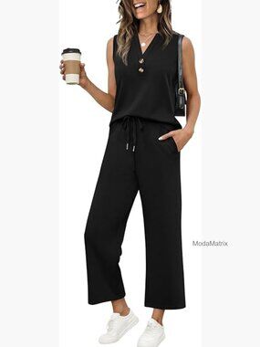 Soft Knit Two Piece Lounge Set V-Neck Tank Cropped Wide Leg Pants